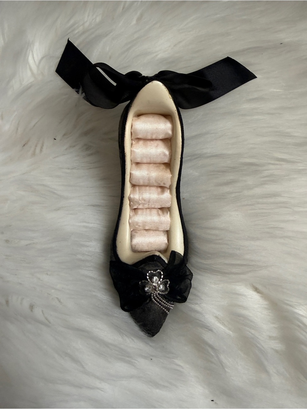 Black Satin Pointed Ballet Flat with Bow and Jewel Accent